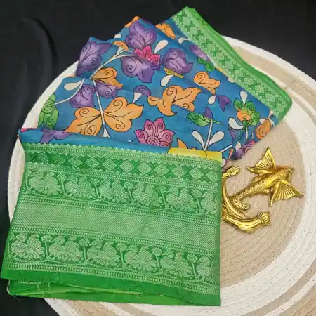 PeacockGreen Mangalagiri Handloom silk cotton blend pen kalamakari saree