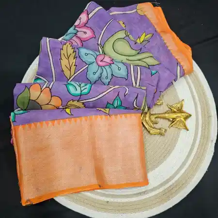 Light Violet Mangalagiri Handloom silk cotton blend pen kalamakari saree