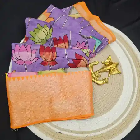 Light Violet Mangalagiri Handloom silk cotton blend pen kalamakari saree