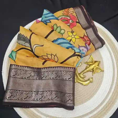 Tan Mangalagiri Handloom silk cotton blend pen kalamakari saree