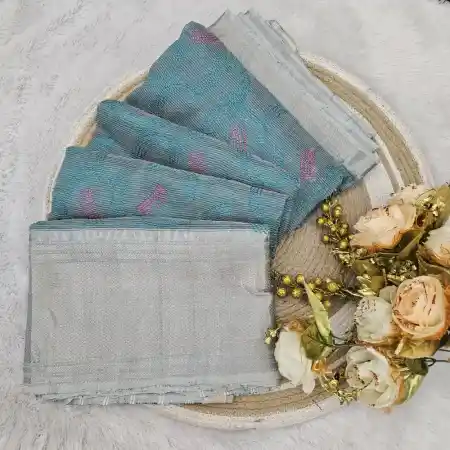 SteelBlue Mangalagiri Handloom Silk Cotton Blend Machine Embroidery Saree