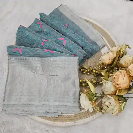 SteelBlue Mangalagiri Handloom Silk Cotton Blend Machine Embroidery Saree