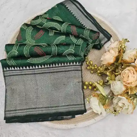 Dark Green Mangalagiri Handloom Silk Cotton Blend Machine Embroidery Saree
