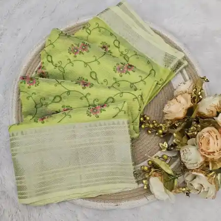Light Green Mangalagiri Handloom Silk Cotton Blend Machine Embroidery Saree