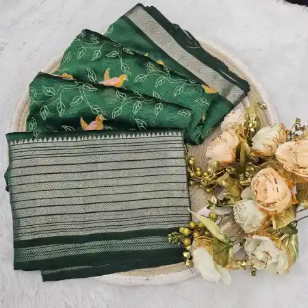 Dark Green Mangalagiri Handloom Silk Cotton Blend Machine Embroidery Saree