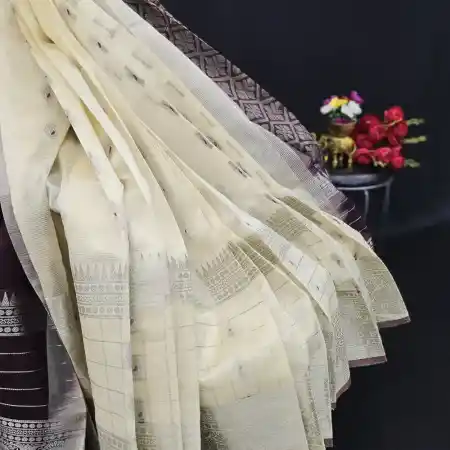 Light Milk White And Brown Mangalagiri pure silk cotton blend buta rich pallu with stripes border saree