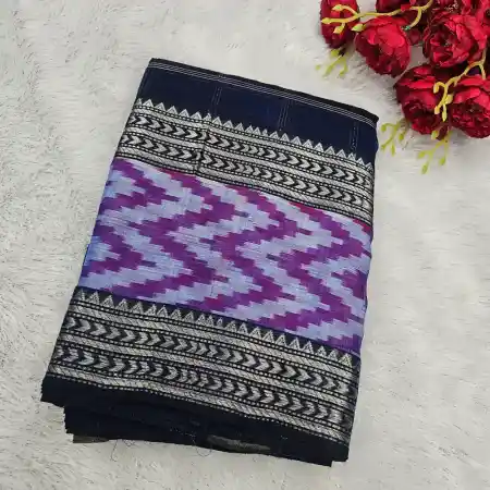 Navy Blue Mangalagiri Pure Silk Cotton Blend Checks With Ikkath Border Saree