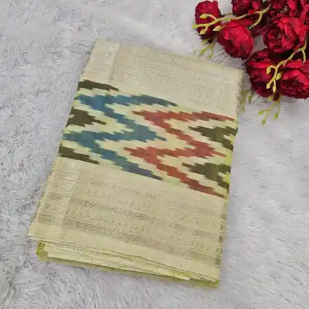 Light Lemon Yellow Mangalagiri Pure Silk Cotton Blend Checks With Ikkath Border Saree