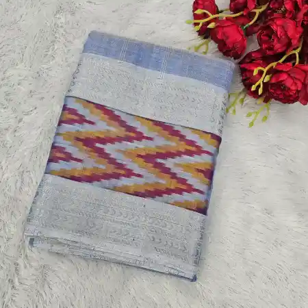 Light Sky-Blue Mangalagiri Handloom Pure Silk Cotton Blend Checks With Ikkath Border Saree
