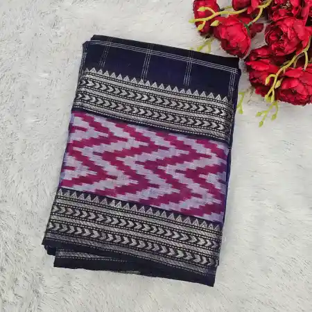Dark Blue Mangalagiri Handloom Pure Silk Cotton Blend Checks With Ikkath Border Saree