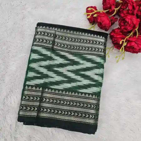Dark Green Mangalagiri Handloom Pure Silk Cotton Blend Checks With Ikkath Border Saree