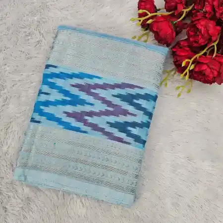 Sky-Blue Mangalagiri Handloom Pure Silk Cotton Blend Checks With Ikkath Border Saree