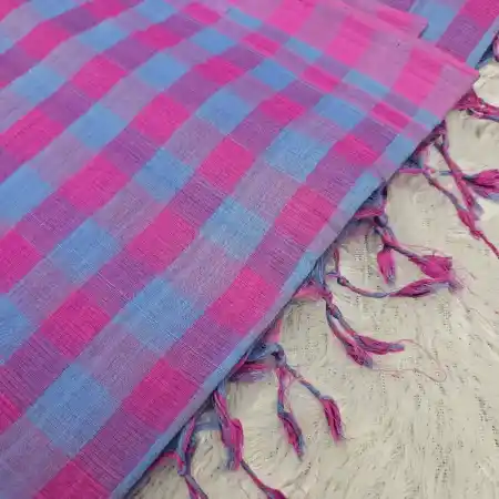 Purple With Light Navy Blue Mangalagiri Handloom Cotton Small Checks Saree