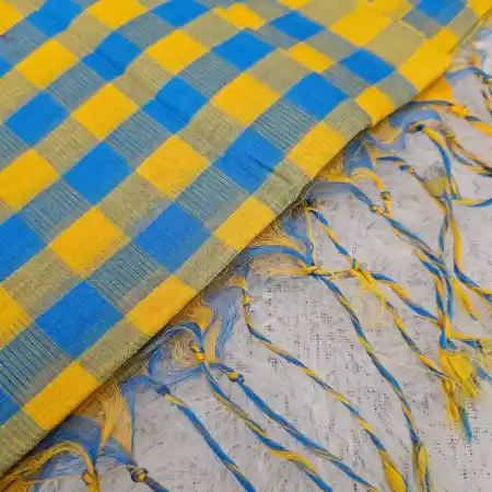 Yellow With Sky-Blue Mangalagiri Handloom Cotton Small Checks Saree