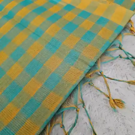 Teal Green With Mustard Yellow Mangalagiri Handloom Cotton Small Checks Saree