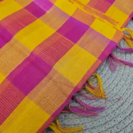 Yellow With Pink Mangalagiri Handloom Cotton Big Checks Saree