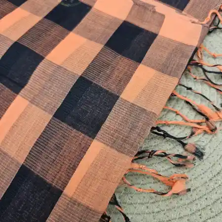 Black With Salmon Mangalagiri Handloom Cotton Big Checks Saree