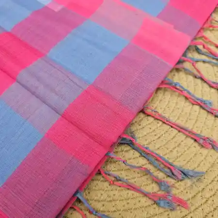 Sky-Blue With Baby-Pink Mangalagiri Handloom Cotton Big Checks Saree