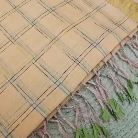 Salmon Colour Mangalagiri Handloom Cotton Ikkat Checks Saree