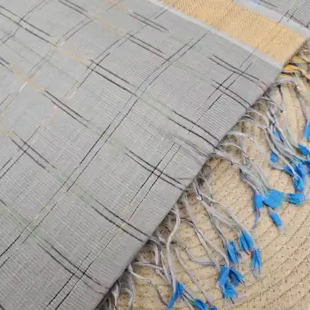 Gray With Sky-Blue Mangalagiri Handloom Cotton Ikkat Checks Saree