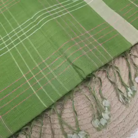 Dark Olive Green Mangalagiri Handloom Cotton Double Checks Saree