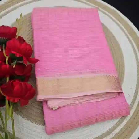 Baby-Pink Mangalagiri Handloom Pure Silk Cotton zari Checks With Gap Border Saree