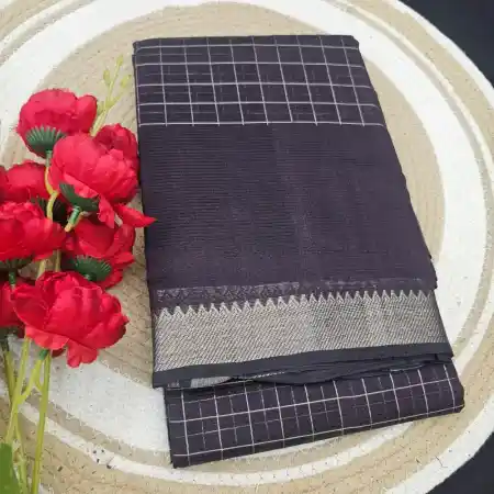 Dark Brown Mangalagiri Handloom Pure Silk Cotton Zari Checks With Gap Border Saree