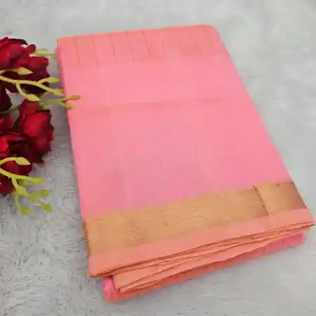 Light Pink Mangalagiri Handloom Pure Silk Cotton Zari Checks With Gap Border Saree