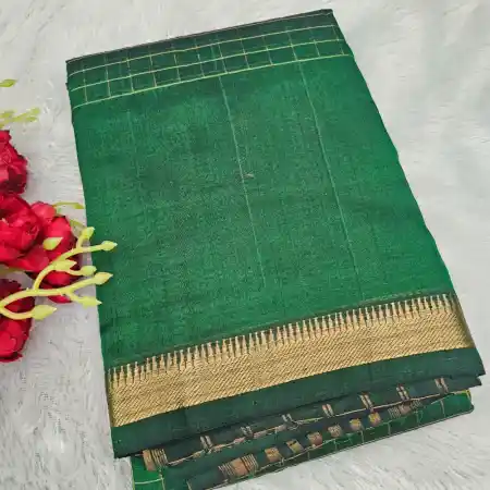 Dark Green Mangalagiri Handloom Pure Silk Cotton Zari Checks With Gap Border Saree