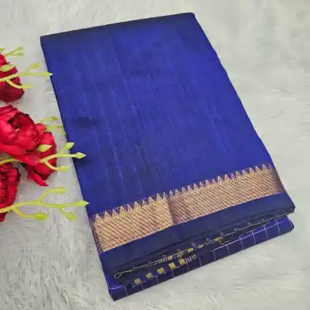 Royal Blue Mangalagiri Handloom Pure Silk Cotton Zari Checks With Gap Border Saree