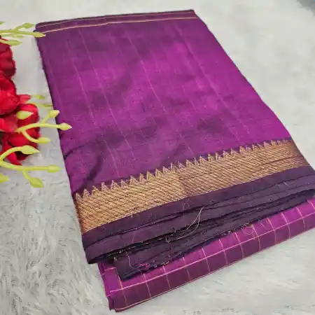 Dark Pink Mangalagiri Handloom Pure Silk Cotton Blend Checks With Gap Border Saree