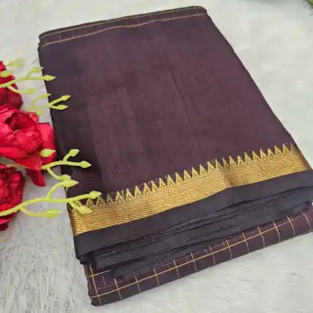 Dark Maroon Mangalagiri Handloom Pure Silk Cotton Zari Checks With Gap Border Saree