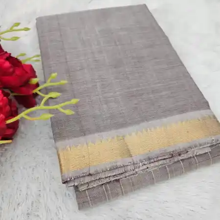 Light Gray Mangalagiri Handloom Pure Silk Cotton Zari Checks With Gap Border Saree