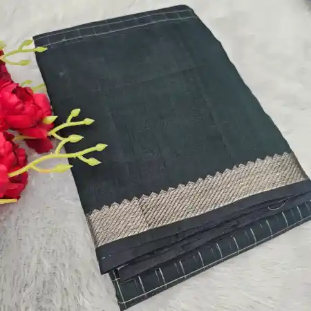 Dark Green Mangalagiri Handloom Pure Silk Cotton Zari Checks With Gap Border Saree