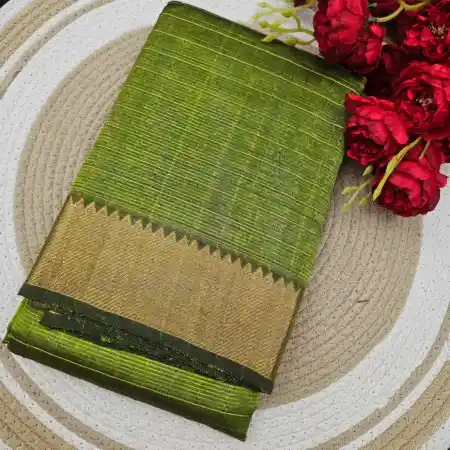 Olive Green Mangalagiri Handloom Pure Silk Cotton Blend 100k Zari Checks Saree