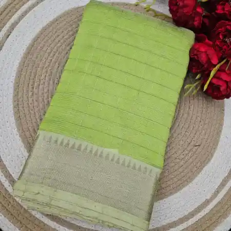 Lime Green Mangalagiri Handloom Pure Silk Cotton Blend 100k Zari Checks Saree
