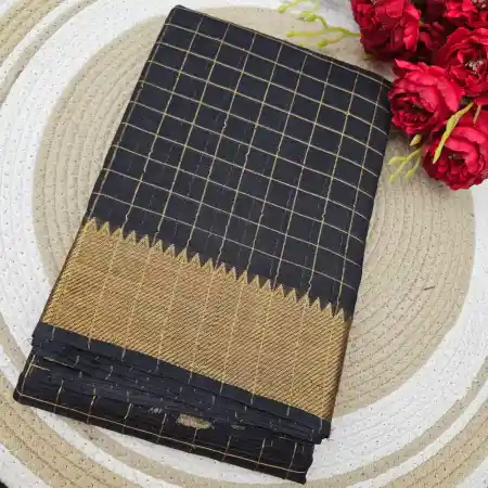 Black Mangalagiri Handloom Pure Silk Cotton Blend 100K Zari Checks Saree