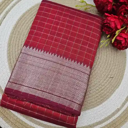 Deep Red Mangalagiri Handloom Pure Silk Cotton Blend 150k Zari Checks Saree