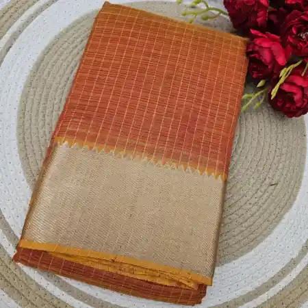 Orange Squash Mangalagiri Handloom Pure Silk Cotton Blend 150k Zari Checks Saree