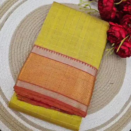Mustard Mangalagiri Handloom Pure Silk Cotton Blend 150k Zari Checks Saree