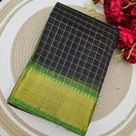 Black With Green Mangalagiri Handloom Pure Silk Cotton Blend 100K Zari Checks Saree