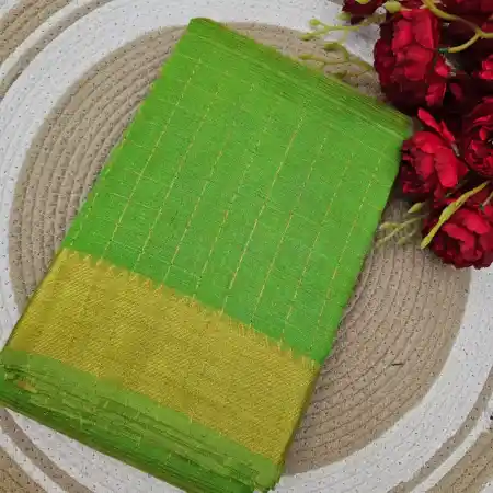 Dark Parrot Green Mangalagiri Handloom Pure Silk Cotton Blend 100K Zari Checks Saree