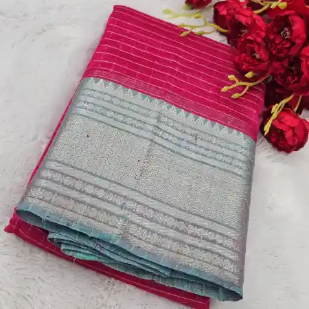 Dark Rose Pink Mangalagiri Handloom Silk Cotton Blend 300k Border Zari Checks Saree