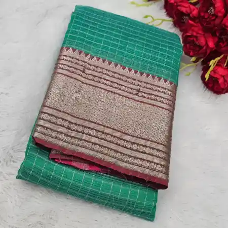 Sea Green Mangalagiri Handloom Silk Cotton Blend 300k Border Zari Checks Saree