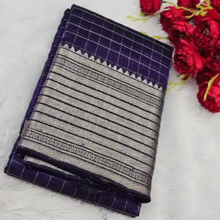 Violet Mangalagiri Handloom Silk Cotton Blend 300k Border Zari Checks Saree