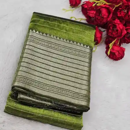 Olive green Mangalagiri Handloom Silk Cotton Blend 300k Border Zari Checks Saree