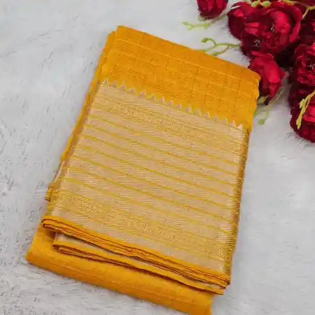 Orange Yellow Mangalagiri Handloom Silk Cotton Blend 300k Border Checks Saree