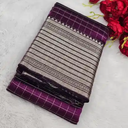 Dark Purple Mangalagiri Handloom Silk Cotton Blend 300k Border Zari Checks Saree