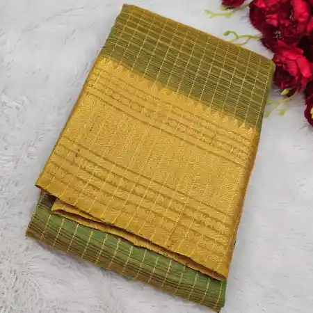 Olive Green-Yellow Mangalagiri Handloom Silk Cotton Blend 300k Border Checks Saree