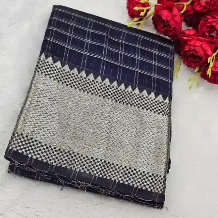 Dark Navy Blue Mangalagiri Handloom Pure Silk Cotton Blend 300k Border Checks Saree
